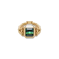 Curb Chain Ring | Green Tourmaline | Yellow Gold | Diamond Detail