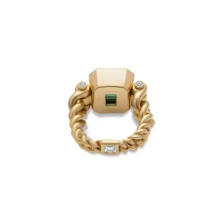 Curb Chain Ring | Green Tourmaline | Yellow Gold | Diamond Detail