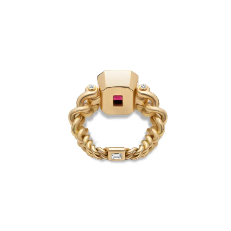 Curb Chain Ring | Purple Tourmaline | Yellow Gold | Diamond Details