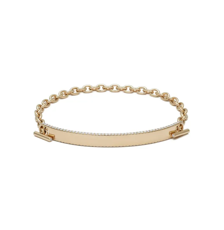 ID Bar Bracelet | 50mm Wide - 5mm Height | Pave Detail | Yellow Gold