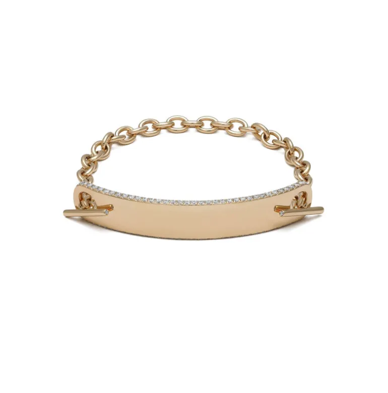 ID Bar Bracelet | 50mm Wide - 9mm Height | Pave Detail | Yellow Gold