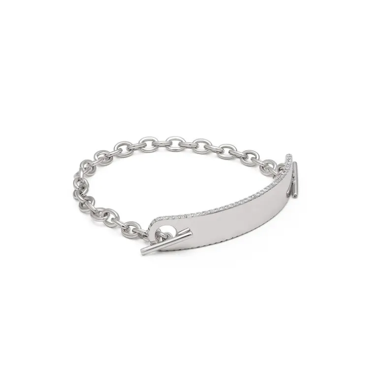 ID Bar Bracelet | 50mm Wide - 9mm Height | Pave Detail | White Gold