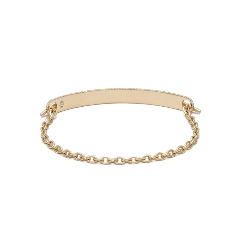 ID Bar Bracelet | 70mm Wide - 7mm Height | Pave Detail | Yellow Gold
