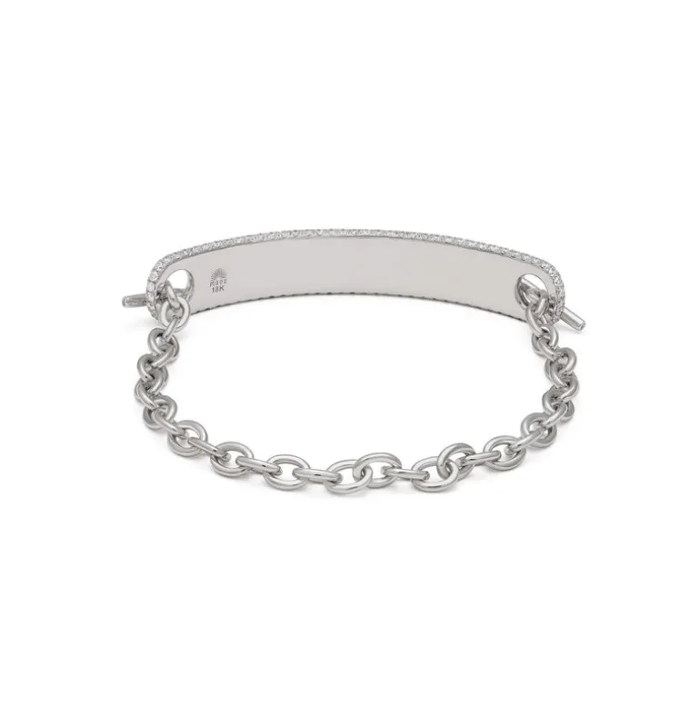 ID Bar Bracelet | 50mm Wide - 9mm Height | Pave Detail | White Gold