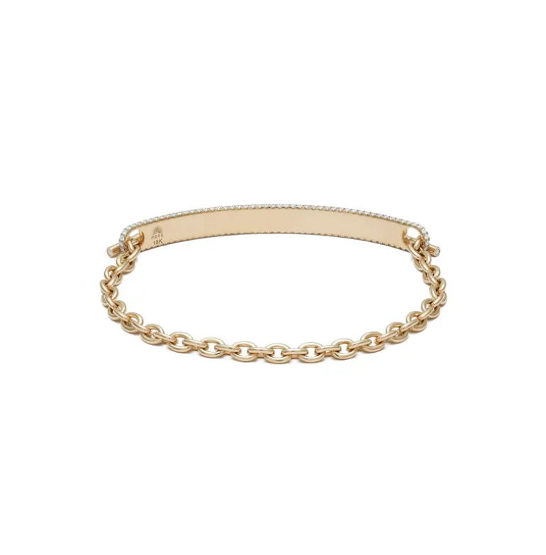 ID Bar Bracelet | 50mm Wide - 5mm Height | Pave Detail | Yellow Gold